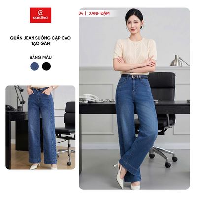 Quần jean nữ CARDINA cạp cao dáng suông tạo gân co giãn 5QJR02, 6QJR02