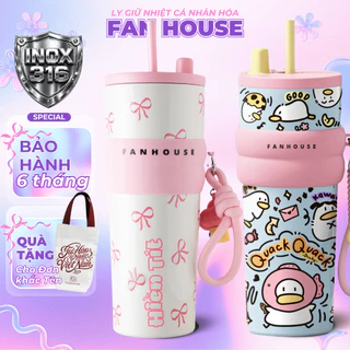 Bình giữ nhiệt khắc tên Fan House bình nước giữ nhiệt 12h inox 316 ống hút tiện lợi 710ml tặng charm
