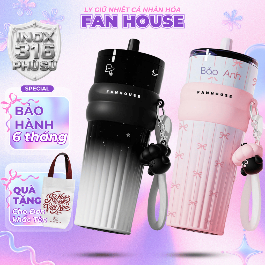 Ly giữ nhiệt khắc tên Candy Ceramic Fan House bình giữ nhiệt 12h inox 316 phủ sứ 710ml tặng charm