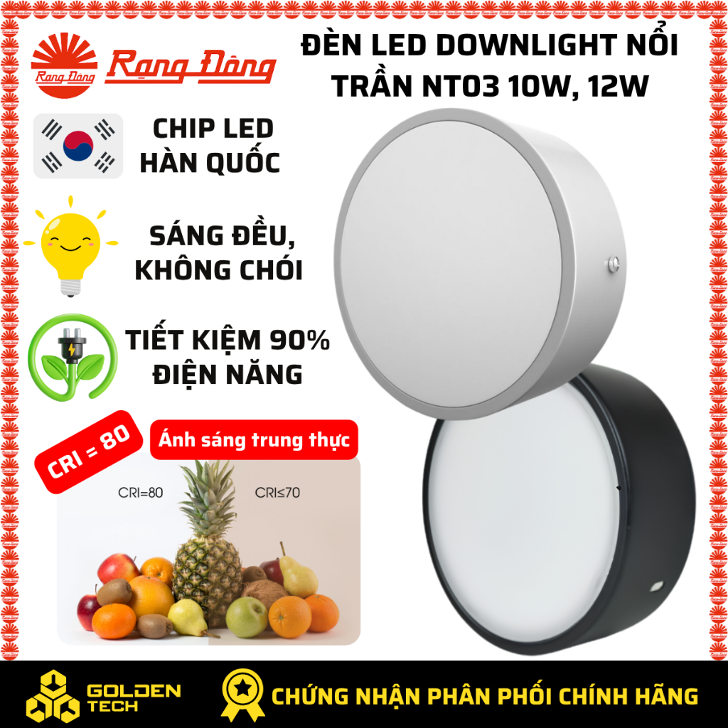Đèn LED Downlight nổi trần Rạng Đông NT03 120/10W, 120/12W Ánh sáng trắng, Đổi màu