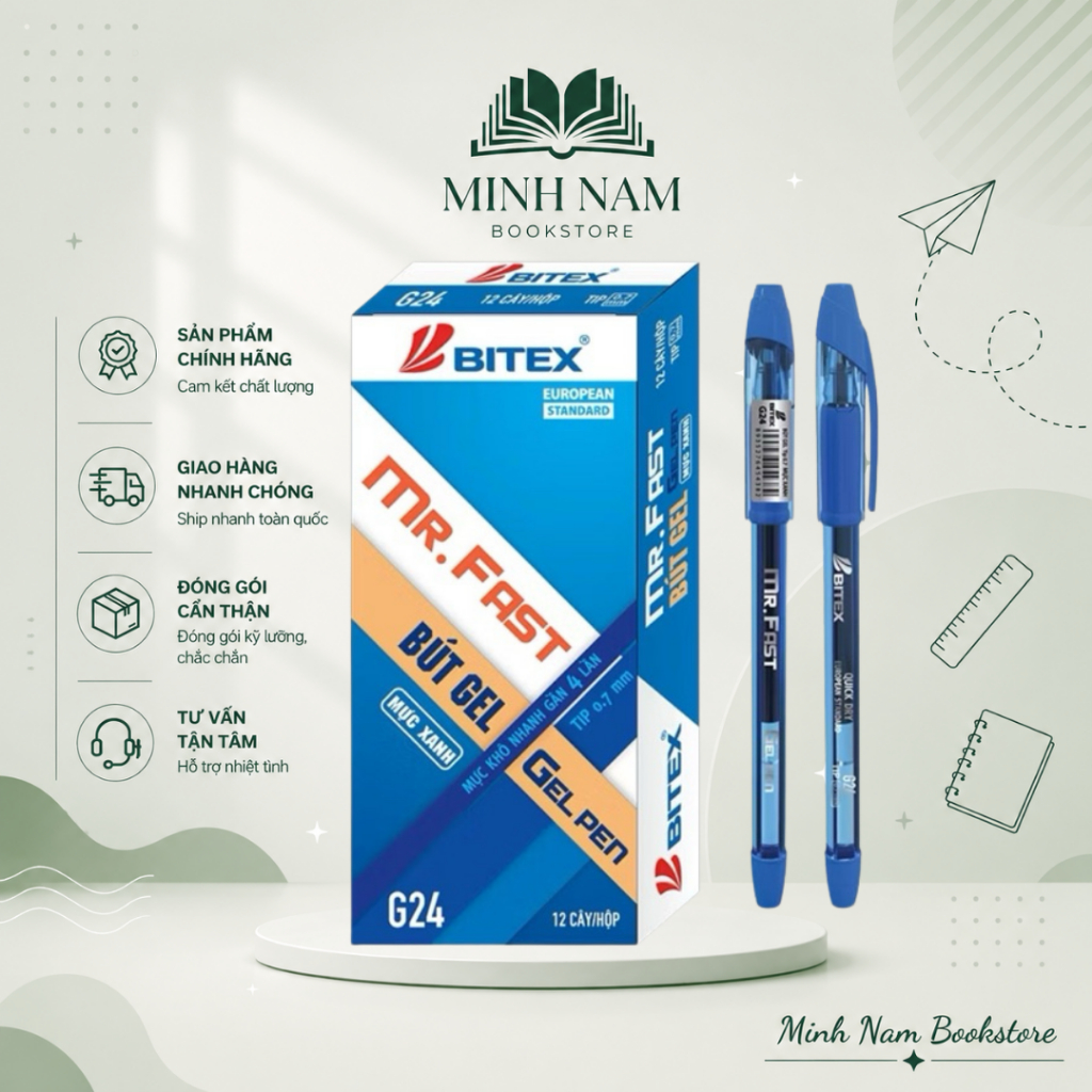 Hộp 12 cây Bút gel Bitex Mr.Fast (0.7mm) mực xanh - đỏ - đen G24