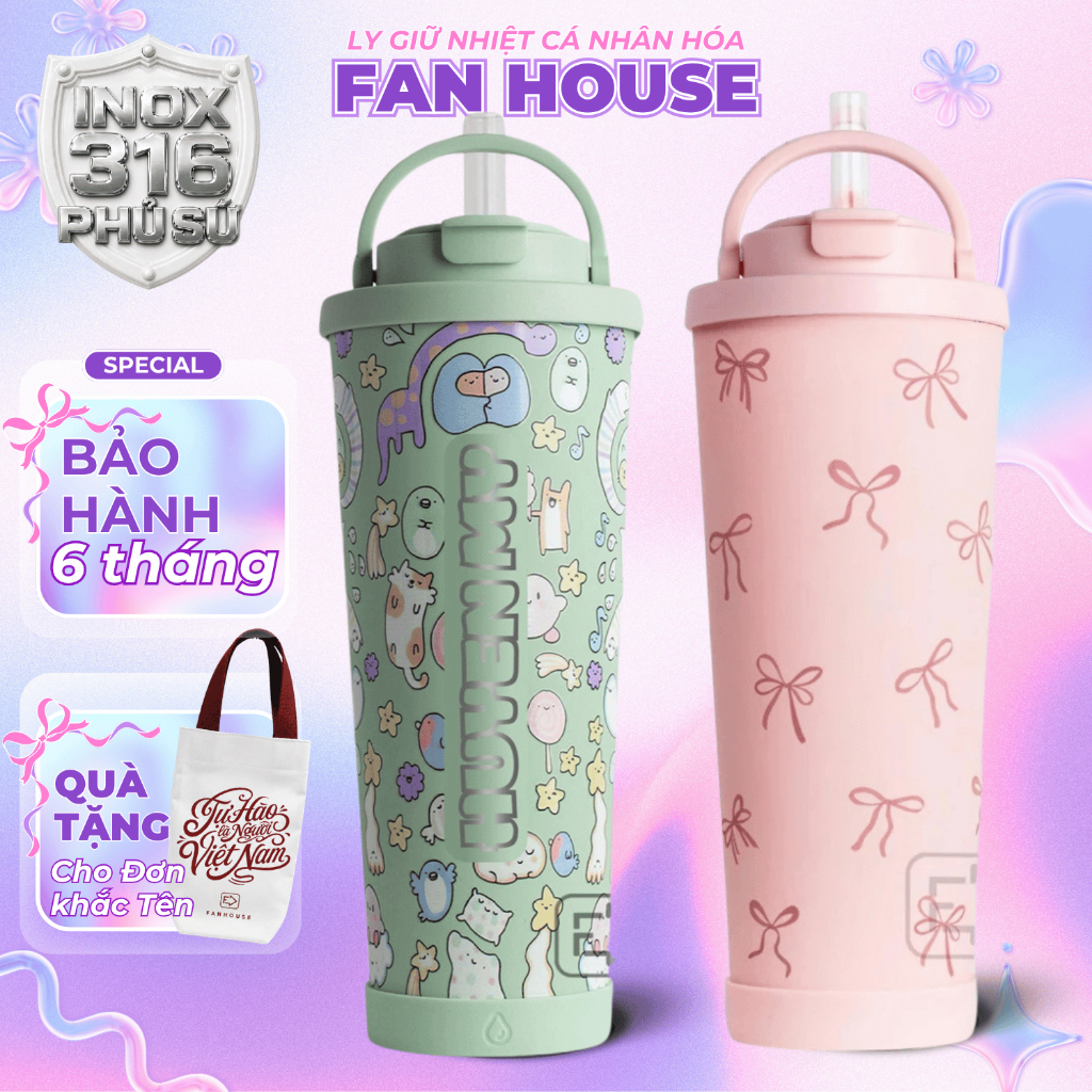 Ly giữ nhiệt cao cấp Pastel v2 850ml hút trà sữa trân châu bình giữ nhiệt 16h Fan House inox 304