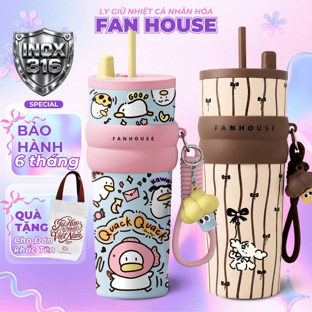 Ly giữ nhiệt cao cấp Candy inox 316 cốc nước giữ nhiệt thể thao 710ml Fan House khắc tên, charm 3D