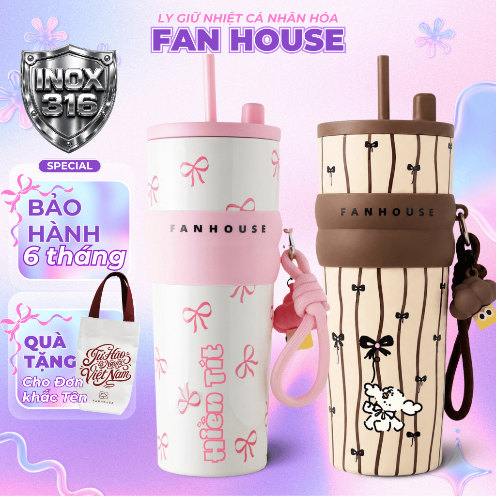 Ly giữ nhiệt cao cấp Candy inox 316 cốc nước giữ nhiệt thể thao 710ml Fan House có charm 3D khắc tên
