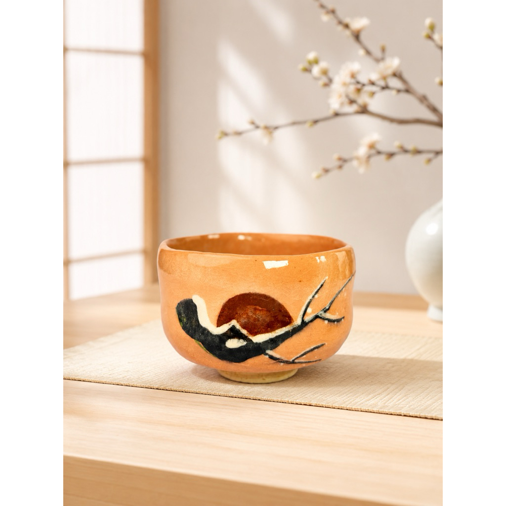 🍵 Chawan Raku Nhật Bản – Bát Trà Matcha Thủ Công | Họa Tiết Mặt Trời Mọc Sau Đêm Đông