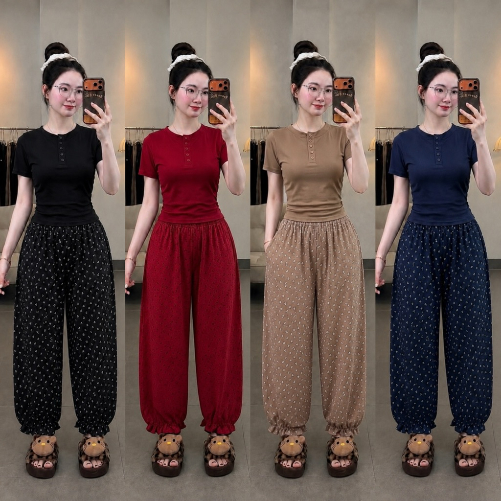 Set Bộ Nữ Bigsize 40-85kg Áo Thun Rip Cổ Trụ Cài Nút Mix Quần Boom Đũi Hoa Nhí Bo Gấu, Set Nữ Đi Chơi