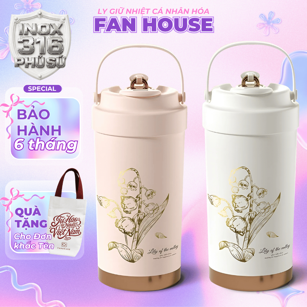 Ly giữ nhiệt Lily inox 316 lõi tráng Sứ, cốc giữ nhiệt 500ml Fan House khắc tên theo yêu cầu