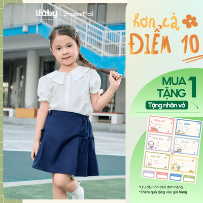 [TẶNG NHÃN VỞ] Mix set đi học bé gái ILABY áo sơ mi cổ bèo tay phồng phối chân váy đắp chéo [3243+3225]