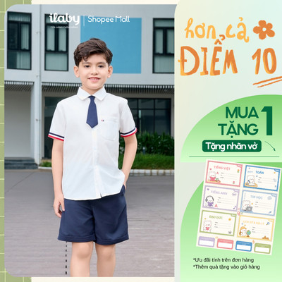 [TẶNG NHÃN VỞ] Mix set đi học bé trai ILABY áo sơ mi trắng phối tay kẻ và quần short kaki [3270+3274] (Không Cavat)