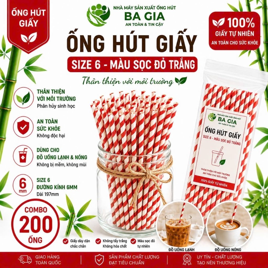 Ống hút giấy size 6 ( màu sọc đỏ ) combo 200 ống
