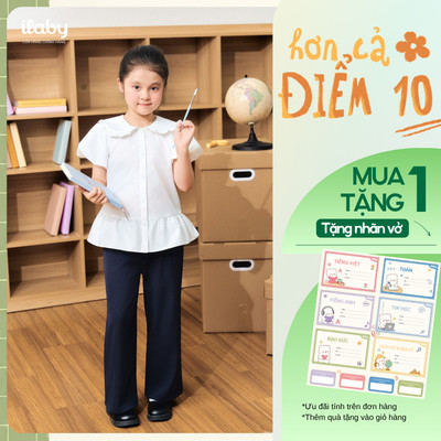 [TẶNG NHÃN VỞ] Set quần áo đi học bé gái ILABY, áo sơ mi trắng cổ sen cách điệu và quần ống suông [3897+3973]