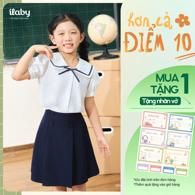 [TẶNG NHÃN VỞ] Áo sơ mi đi học bé gái ILABY cotton mềm mịn và chân váy xếp ly đính cúc [3896+3922]