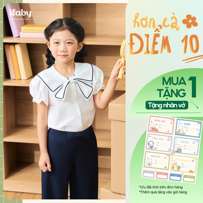 [TẶNG NHÃN VỞ] Áo sơ mi bé gái ILABY, áo sơ mi cổ thủy thủ và quần suông đính nơ [3898+3971]