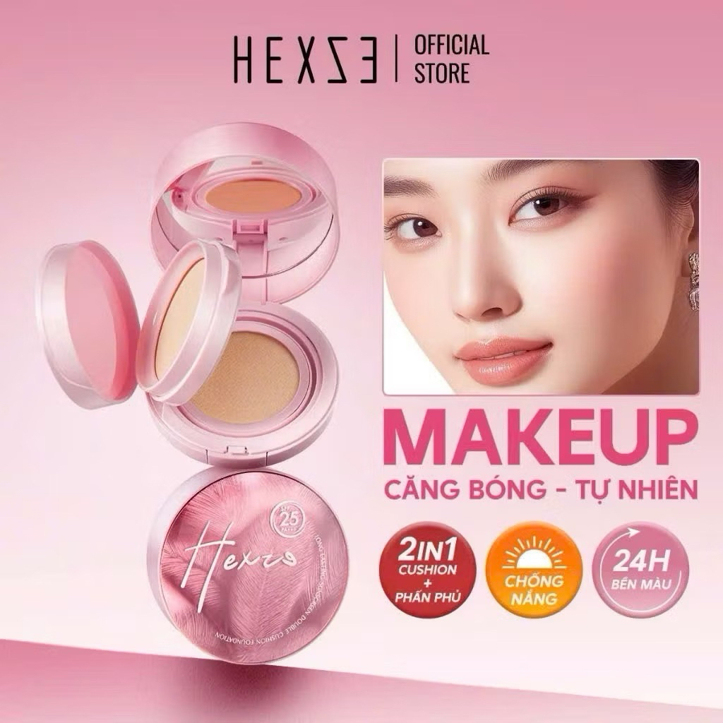 Cushion hỗ trợ chống nắng kèm phấn phủ 2 in1 HEXZE Spf25 PA+++, nâng tone tự nhiên cố định lớp makeu