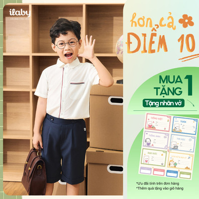 [TẶNG NHÃN VỞ] Quần áo đi học bé trai ILABY, áo sơ mi phối viền kẻ và quần short kaki [3923+3791]