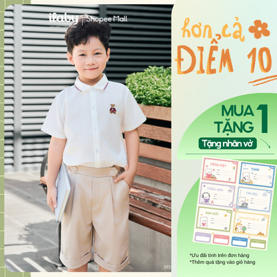 [TẶNG NHÃN VỞ] Quần áo đi học bé trai ILABY, áo sơ mi trắng cotton và quần short kaki [3926+3791]