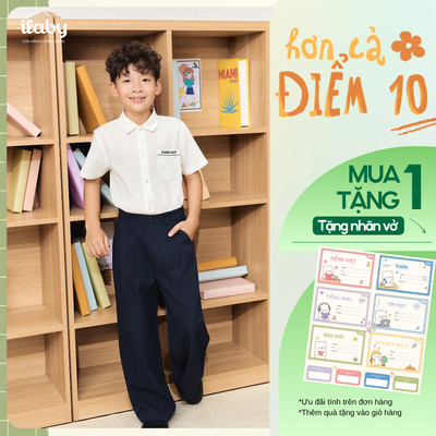 [TẶNG NHÃN VỞ] Quần áo đi học bé trai ILABY, áo sơ mi trắng cotton mềm và quần suông [3927+3930]