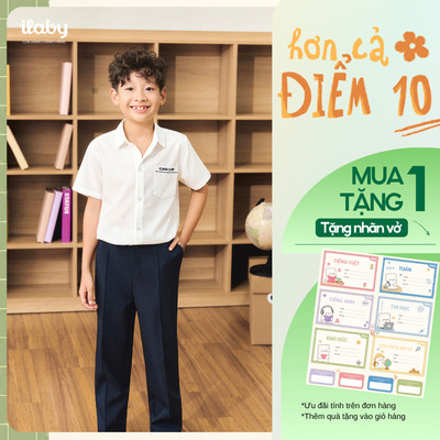 [TẶNG NHÃN VỞ] Set quần áo đi học bé trai ILABY, áo sơ mi trắng cotton basic và quần suông kaki [3927+3929]