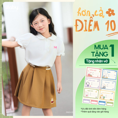 [TẶNG NHÃN VỞ] Váy áo đi học bé gái ILABY, áo polo trắng và chân váy xếp ly họa tiết gấu [3963+3969]