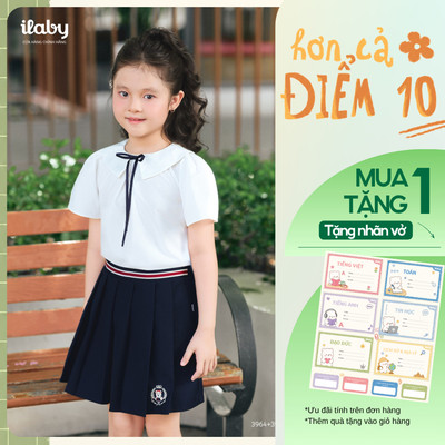 [TẶNG NHÃN VỞ] Quần áo đi học bé gái ILABY, áo sơ mi trắng đính nơ tay phồng và quần giả váy phối kẻ [3964+3968]