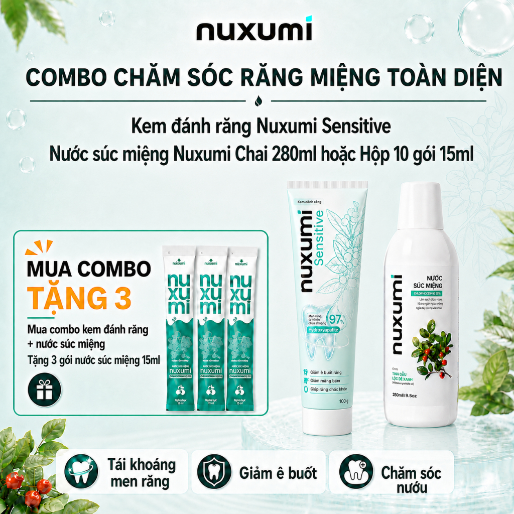 Combo  Nước Súc Miệng Nuxumi 280ml & Kem Đánh Răng Nuxumi Sensitive 100g, Chuẩn Dược Khoa