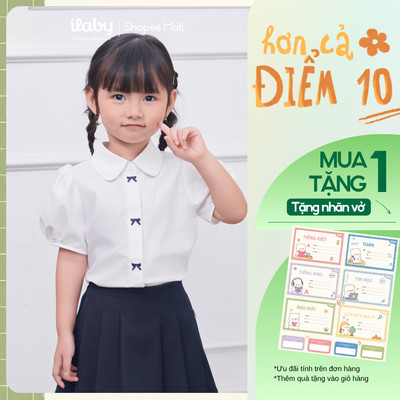 [TẶNG NHÃN VỞ] Áo sơ mi bé gái ILABY, áo sơ mi đi học thêu nơ nẹp áo chất liệu cotton thô [2872]