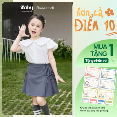 [TẶNG NHÃN VỞ] Mix set đồ đi học bé gái ILABY áo trắng cổ bèo tay và chân váy xếp ly [3218+3225]