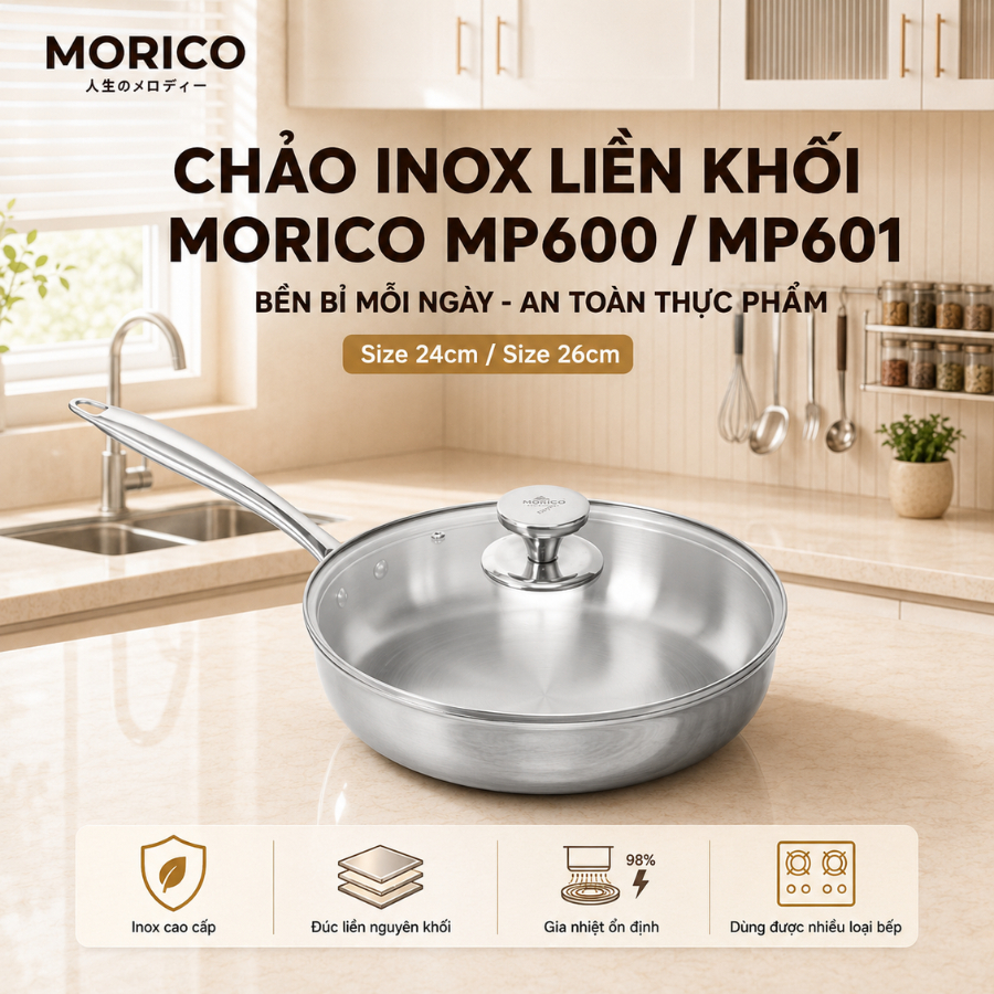 Chảo Inox Đúc Nguyên Khối MP600 24cm / MP601 26cm – Đáy 3 Lớp, Kèm Vung Kính, Dùng Mọi Loại Bếp
