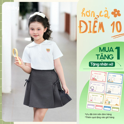 [TẶNG NHÃN VỞ] Set quần áo đi học bé gái ILABY, áo polo cổ sen và chân váy xếp ly đi học [3966+3225]