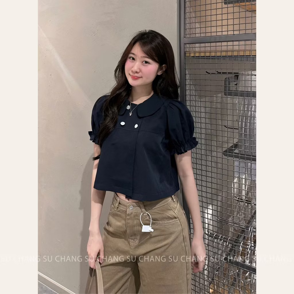 Pass Áo Sơ Mi Cổ Sen Tay Bồng Chun Cúc Ngọc Dáng Croptop A867 Su Chang Thời Trang Nữ