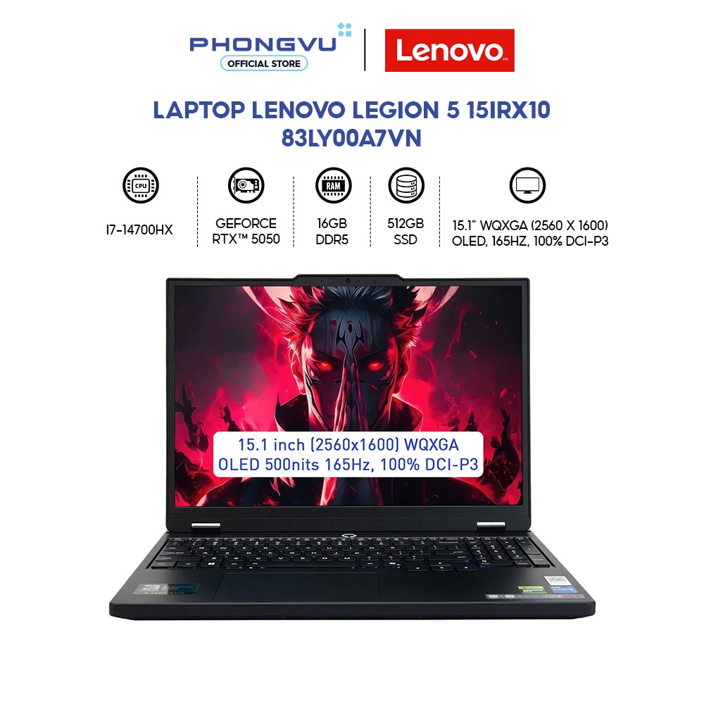 Laptop Lenovo Legion 5 15IRX10 - 83LY00A7VN (i7-14700HX/ GeForce RTX™ 5050/ 16GB/ 512GB/ Win 11 Home