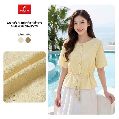Áo thun nữ CARDINA chất liệu thô chun mềm dáng thắt eo dính khuy trang trí 6AKC49