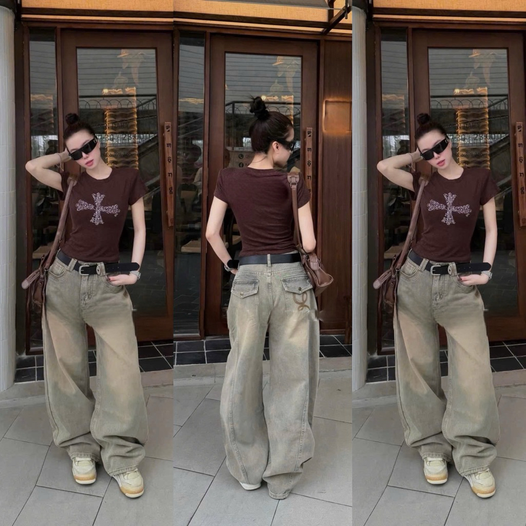 HAP(S-2XL)Quần jeans ống rộng màu bụi dơ có nắp túi thêu với 2 chiều dài 95 và 103cm .Mã 282