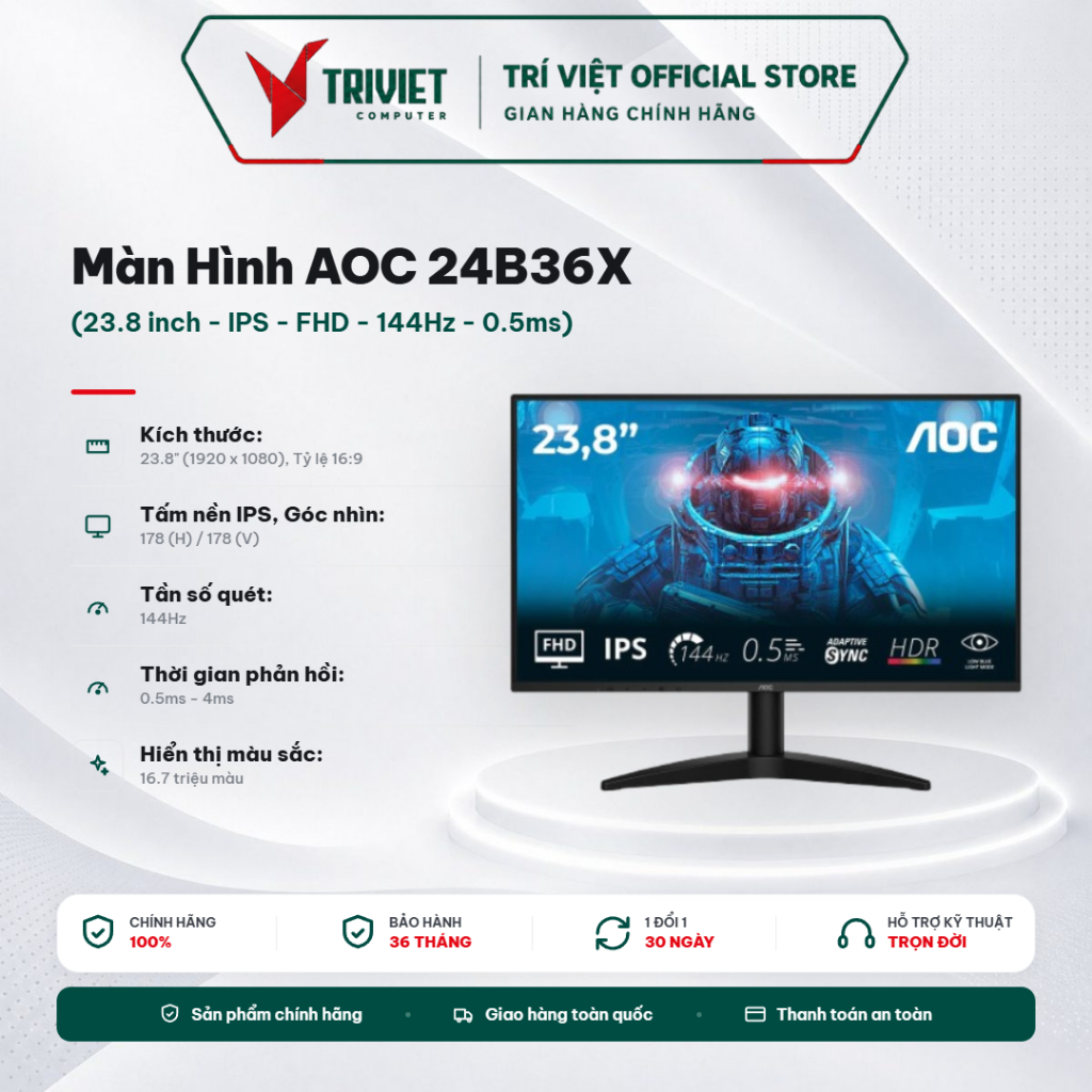 Màn Hình AOC 24B36X 23.8 Inch IPS FHD 144Hz 0.5ms Adaptive Sync Viền Mỏng HDMI DisplayPort | BigBuy360 - bigbuy360.vn