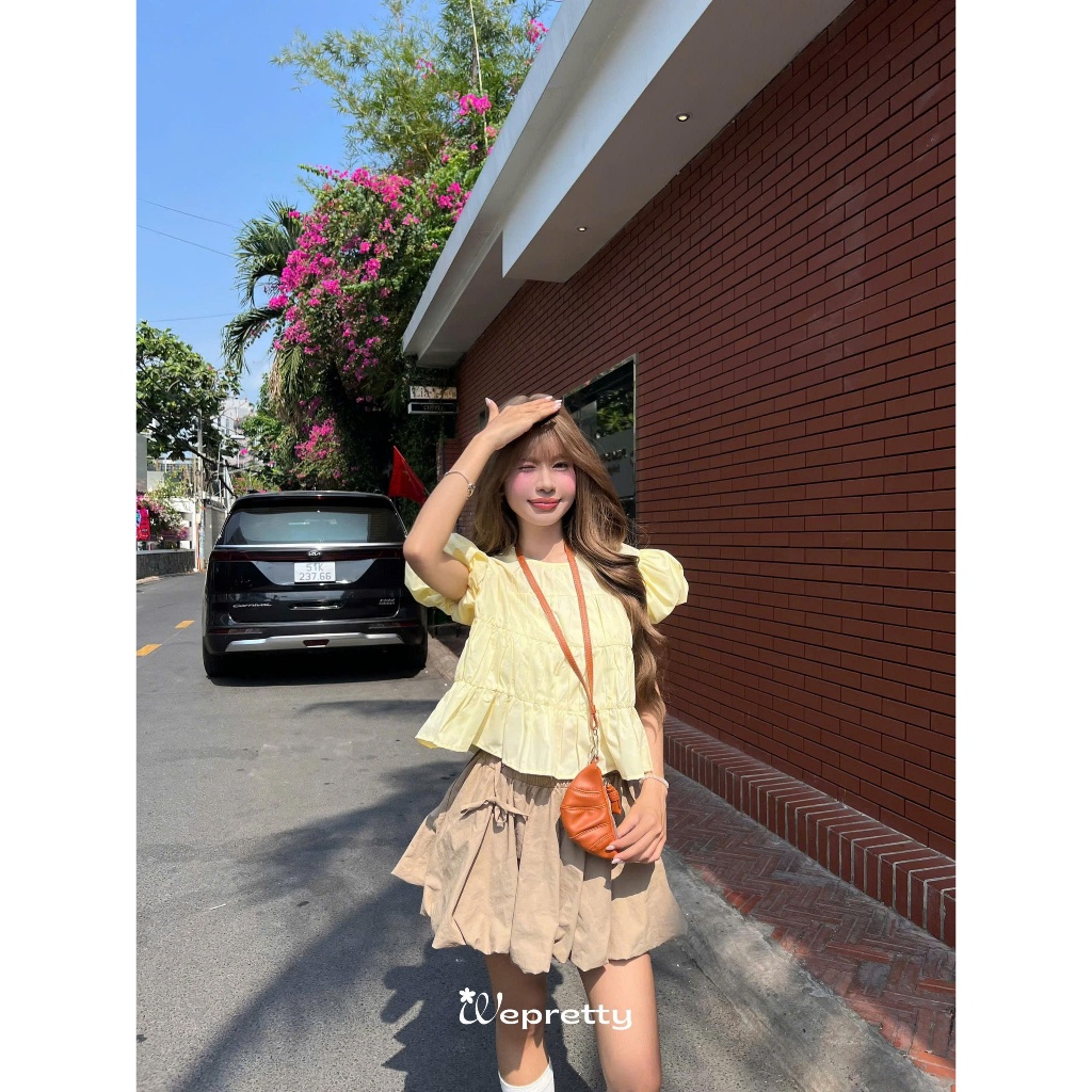 AH23 UNI TOP Áo BaByDoll Cổ Tròn Wepretty Clothes Cổ Tròn Tay Phồng Nữ Tính Dễ Phối Đồ