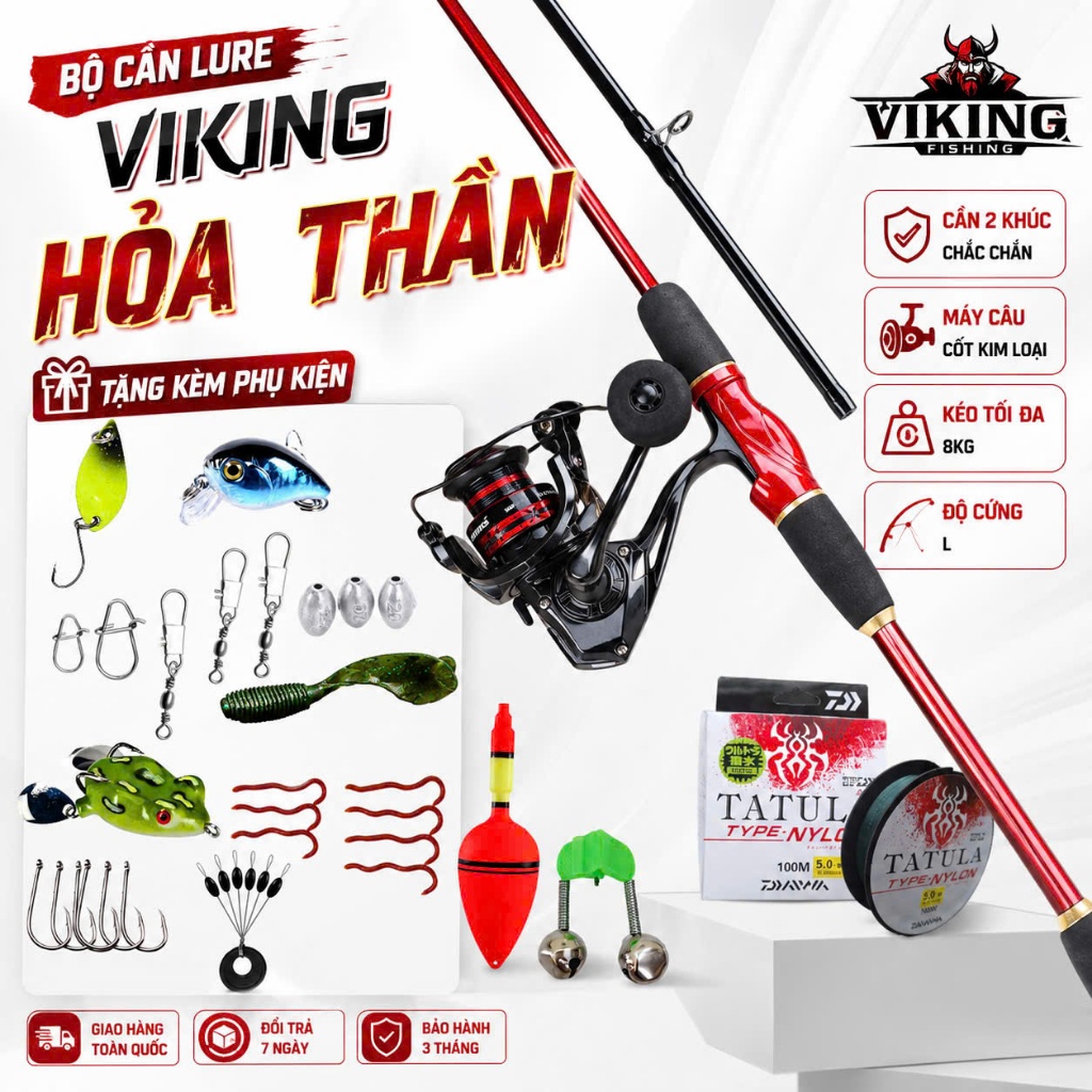 [GIÁ DÙNG THỬ ] Bộ cần câu lure VIKING HOẢ THẦN kèm máy đứng + ngang đầy đủ phụ kiện tải cá 3-8kg