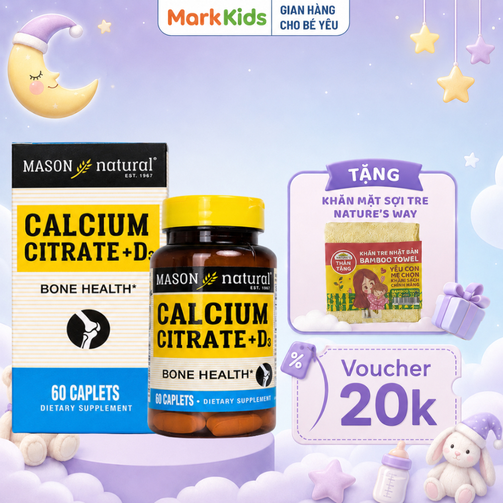 Canxi hữu cơ Mason Natural Calcium Citrate + D3 315mg Vitamin D3 200 IU hỗ trợ xương răng chắc khỏe