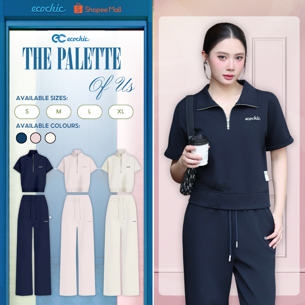 [LIVE KOL] Set Bộ Dài ECOCHIC B221A Áo Crop Khoá Halfzip Quần Ống Suông Cạp Chun Logo Thêu Chính Hãn