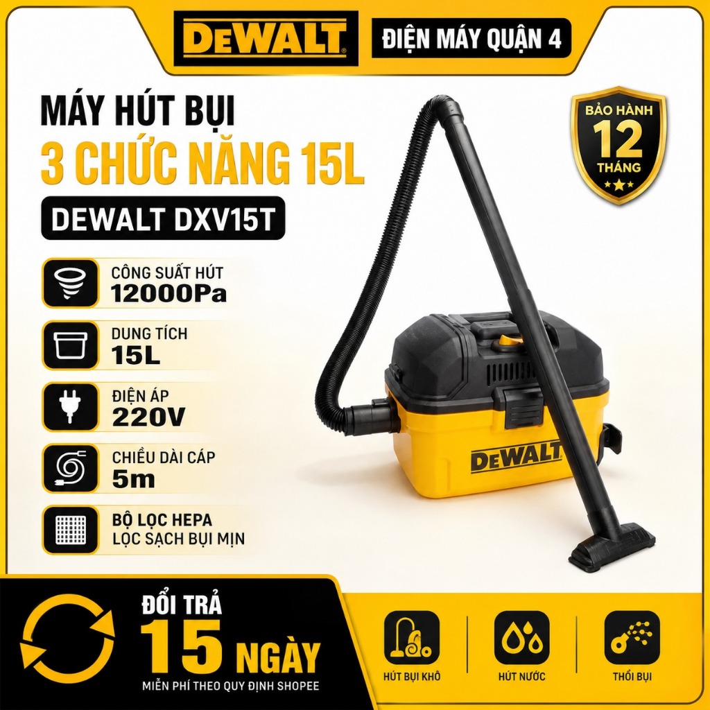 Máy Hút Bụi DeWalt DXV15T Lọc HEPA 12000Pa 15L