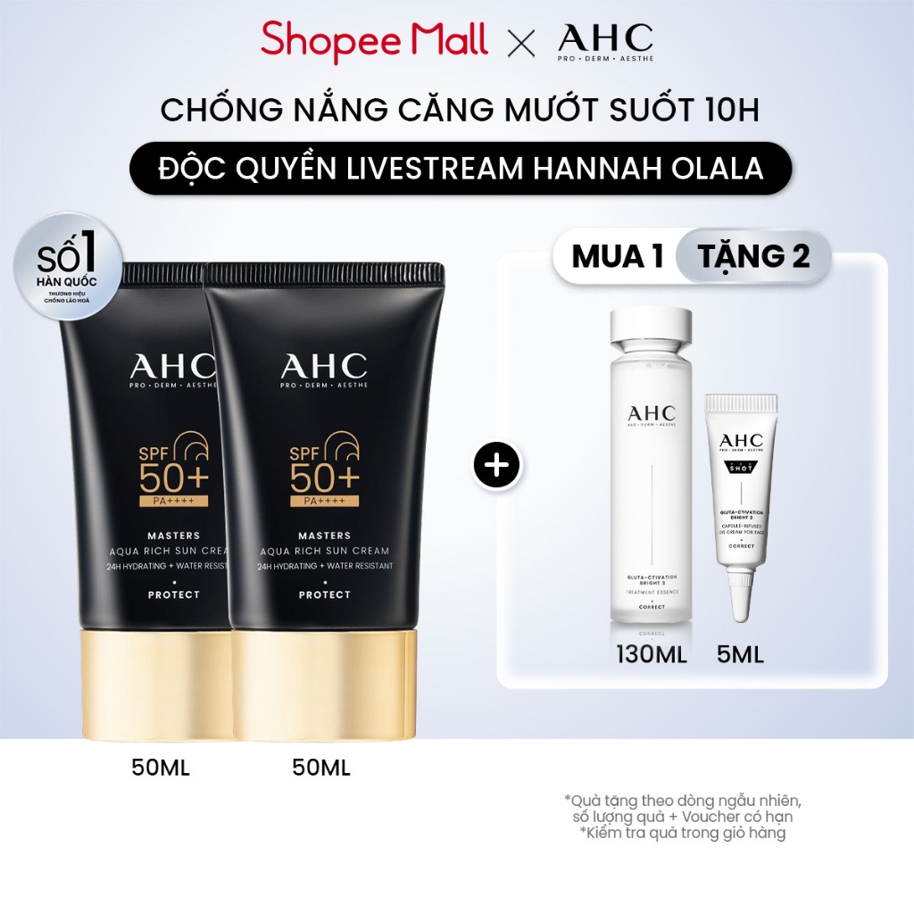 [AHCx HANNAH] Bộ đôi Kem chống nắng AHC phổ rộng 400nm căng mướt da chuẩn Hàn (50 ml x2) Masters Aqu