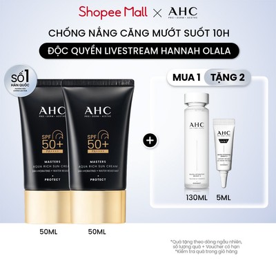 [AHCx HANNAH] Bộ đôi Kem chống nắng AHC phổ rộng 400nm căng mướt da chuẩn Hàn (50 ml x2) Masters Aqua Rich Sun Cream
