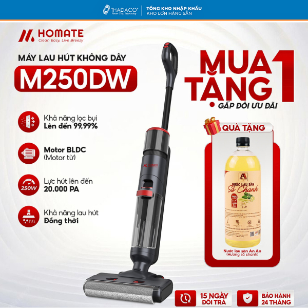 Máy Hút Bụi Lau Nhà Gia Đình Không Dây HOMATE M250DW - KÈM NLS SẢ CHANH - 20.000Pa, Lọc Hepa 99.99%