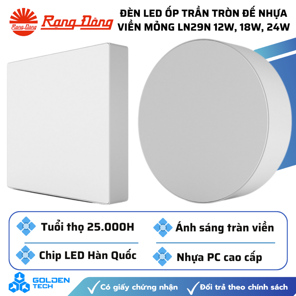 [Rạng Đông] Đèn LED ốp trần đế nhựa viền mỏng LN29N 170/12W, 220/18W, 300/24W Sáng trắng, Đổi màu