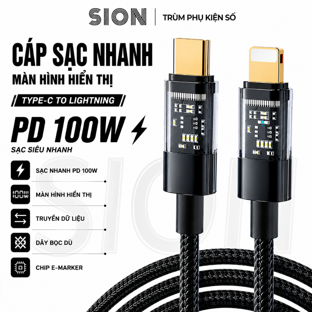 Cáp Sạc Nhanh Màn Hình Hiển Thị PD 30W Type-C to Lightning / Type-C to Type-C