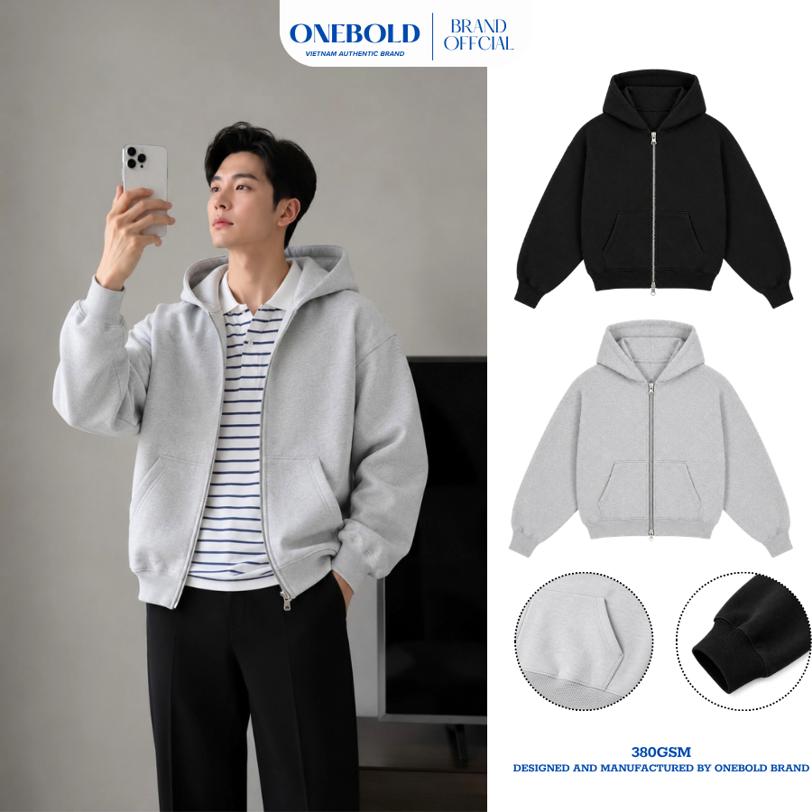 Áo Khoác Hoodie Zip ONEBOLD "Khóa 2 Đầu Nỉ Chân Cua" 380GSM, Áo Nỉ Form Rộng Mũ To Cúc Bấm Nam Nữ Phong Cách | BigBuy360 - bigbuy360.vn