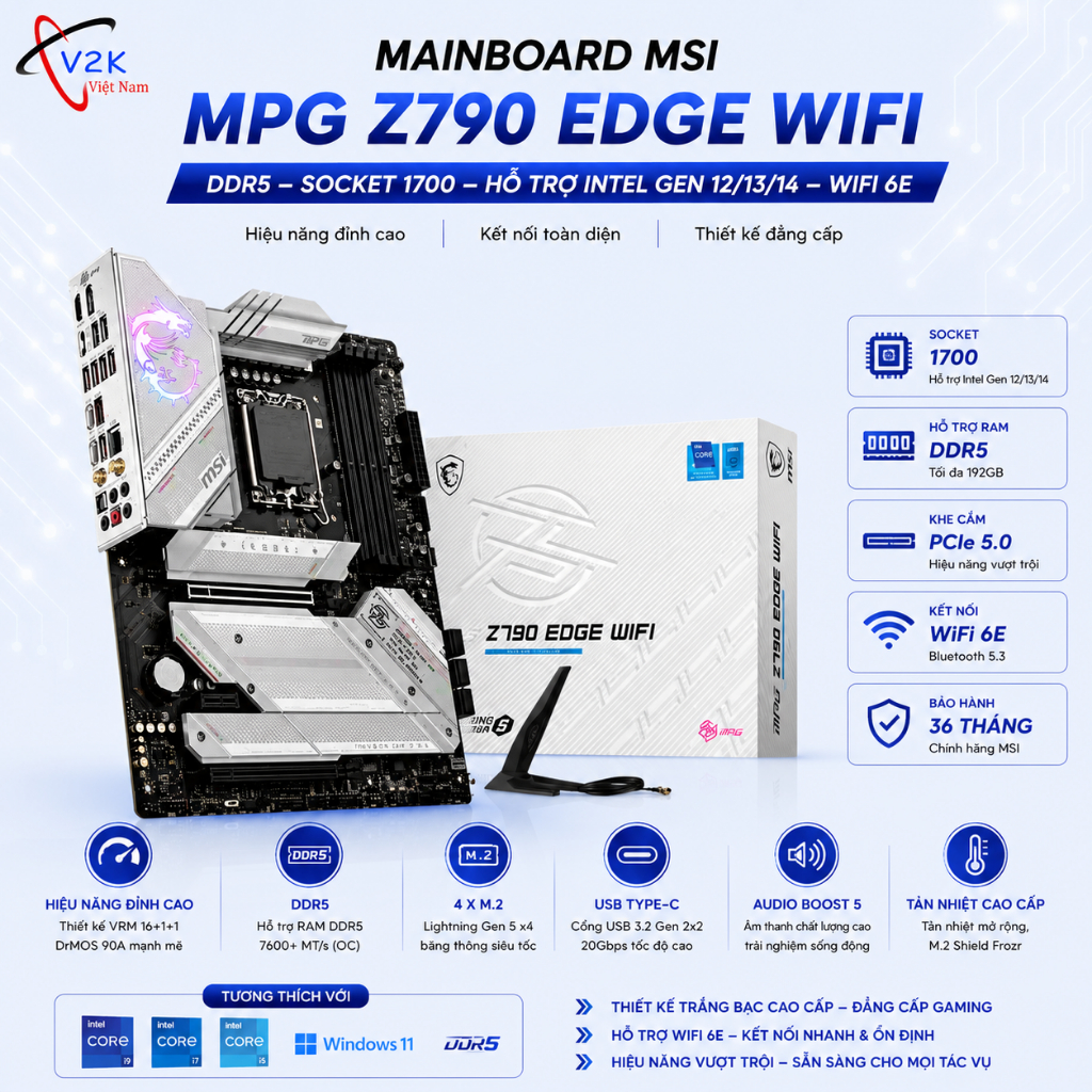 Mainboard MSI MPG Z790 EDGE WIFI – DDR5 – Socket 1700 – Hỗ trợ Intel Gen 12/13/14 – WiFi 6E