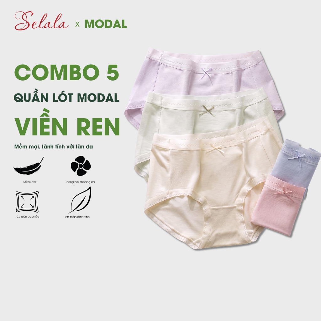COMBO 5 Quần Lót Selala Modal 40S Gỗ Sồi Viền Ren Quần Lót Nữ Mềm Mịn Thoáng Khí Cao Cấp QC63
