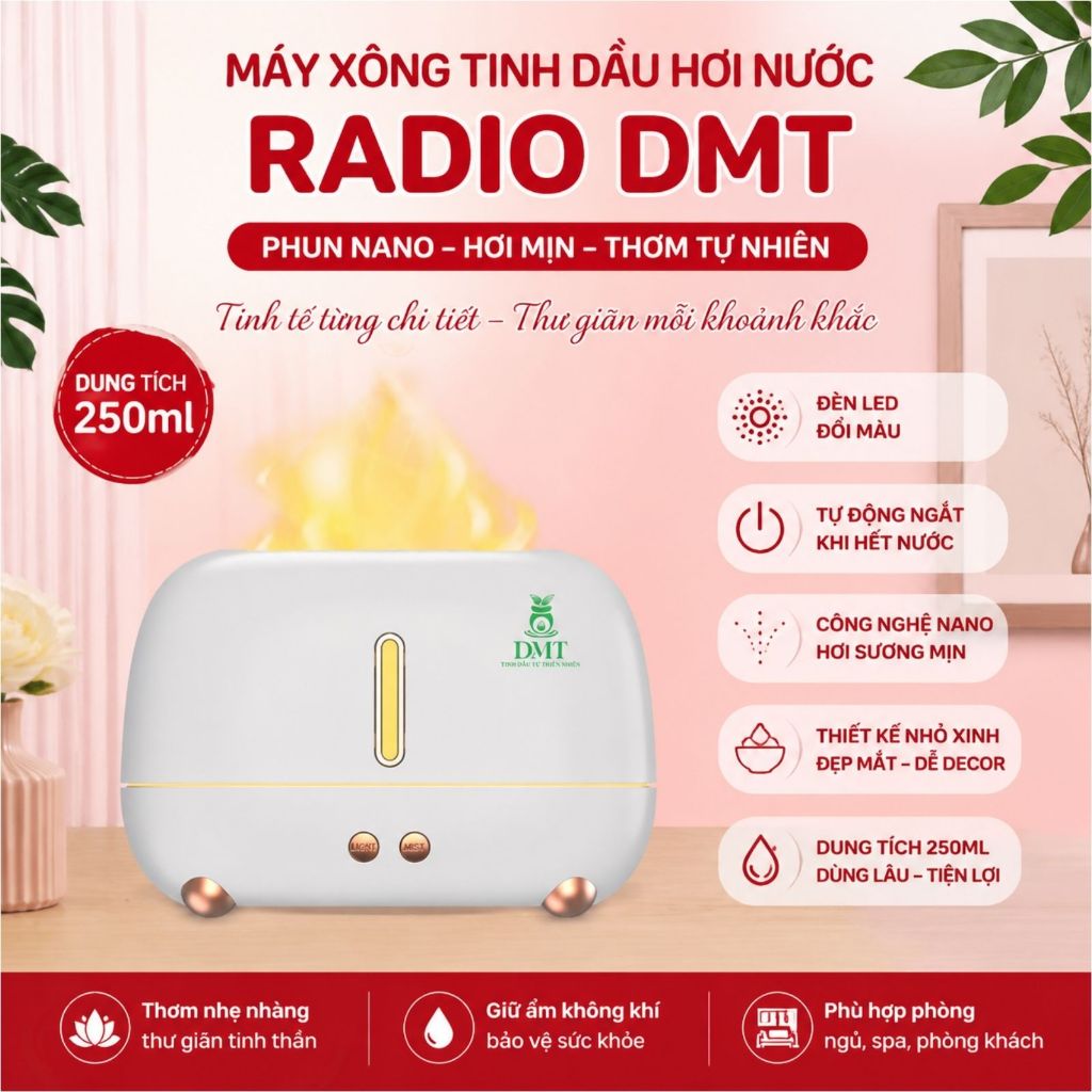 Máy xông tinh dầu hơi nước phòng ngủ, Máy khuếch tán tinh dầu decor phòng khách radio DMT