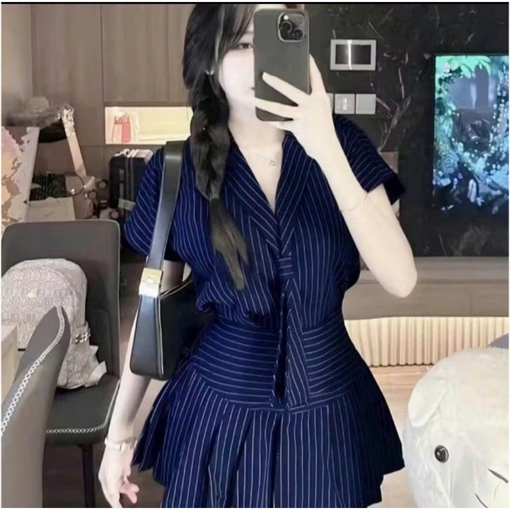 Set váy thời trang nữ mặc đi chơi chất kaki sọc cà vạt áo tay ngắn cor sơ mi mix chân váy xòe thiết 