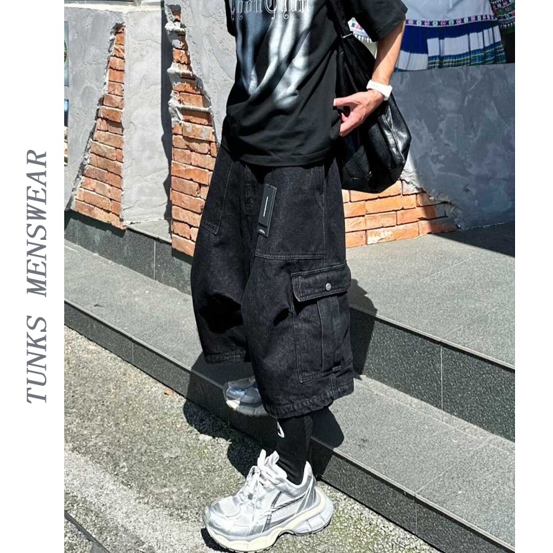 Quần Short Jean Đen Nguyên Màu Nhiều Túi Cargo Dáng Thấp Hông Baggy Phong Hipster Unisex Mùa Hè